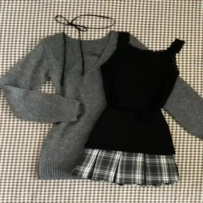 Autumn Winter Woman Gyaru Coquette Vneck French Vintage Sweater Long Sleeve Pullovers Knitwears 2000s Aesthetic Old Money Thick 250823