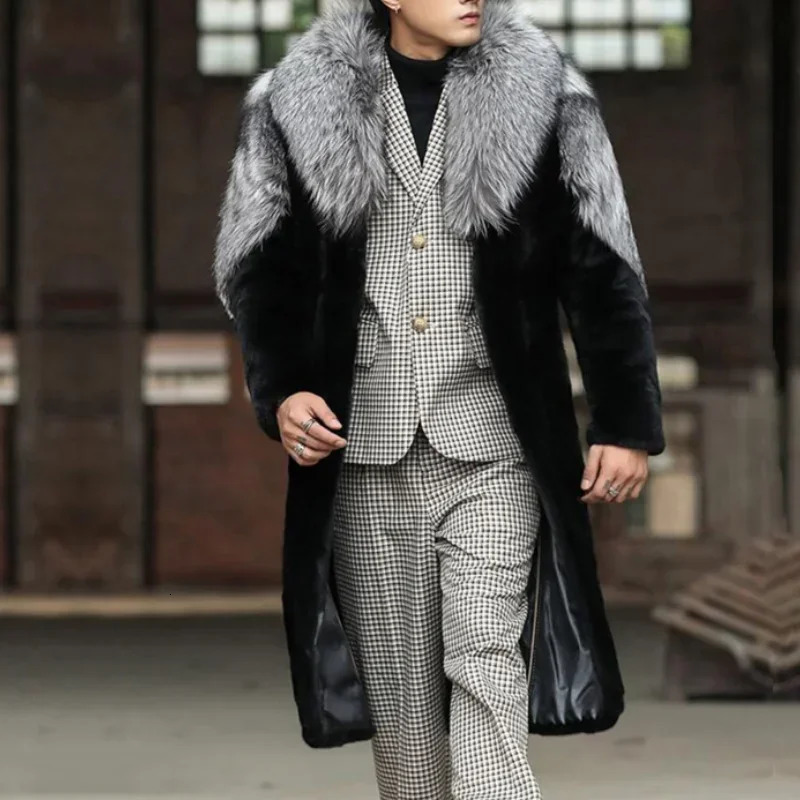 Maxi Men Winter Thick Hooded Faux Fox Fur Coat Jacket Long Sleeve Warm Fur Black Parkas Bontjas Furry Shaggy Outerwear 250825
