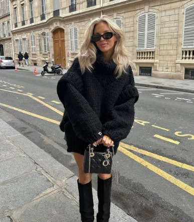 Womens Sweater Autumn Winter Latest Knitted Hoodie Solid Color Fluffy High Neck Flying Sleeve Ear Fun Edge Top 250825