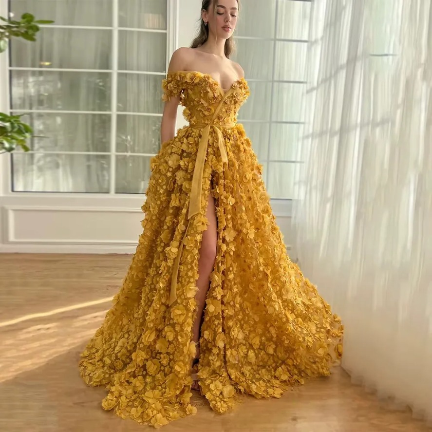 Romantic Off Shoulder Flowers Prom Dresses Sexy A-Line Side High Split Vestidos De Noche Floor-Length Gold Evening Gown Birthday Party Dresses