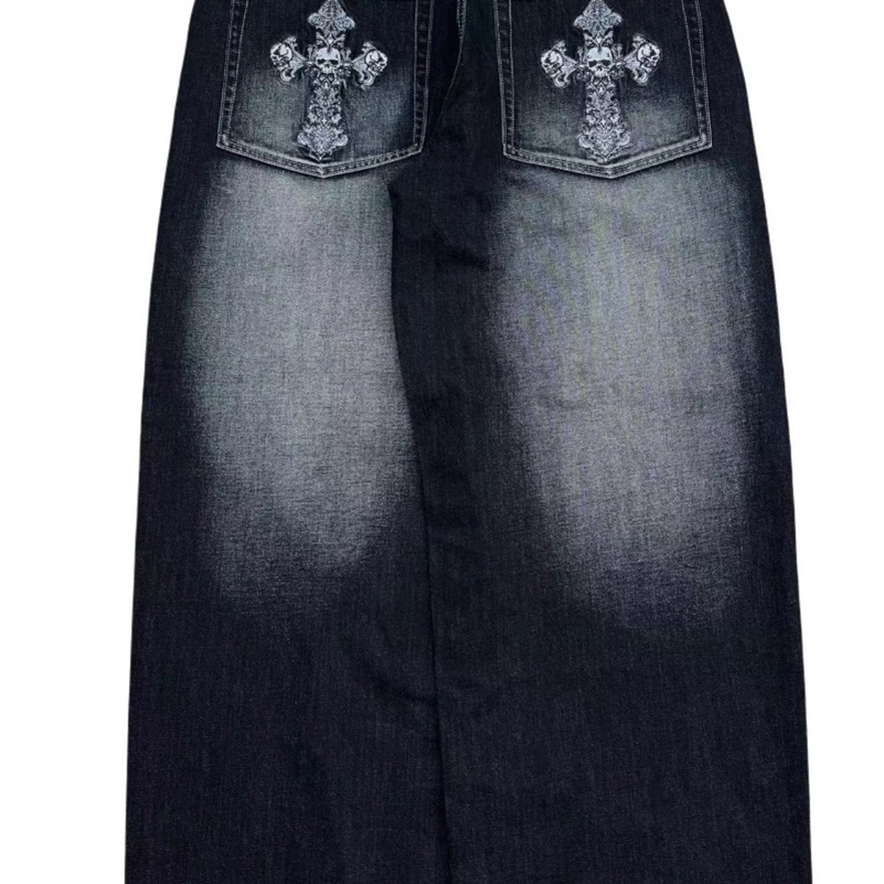 European and American vintage wash do old jeans men Y2k street fashion pocket cross embroidery wide leg pants Punk trend pants250823