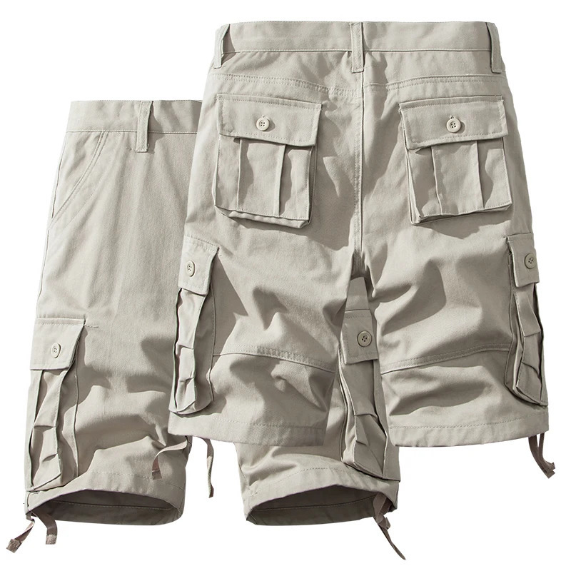 Mens Cargo Shorts Pure Cotton Half Pants with Pockets Summer Big Size Regular Fit Homme Brown White Hiking Sport Knee Shorts 250825