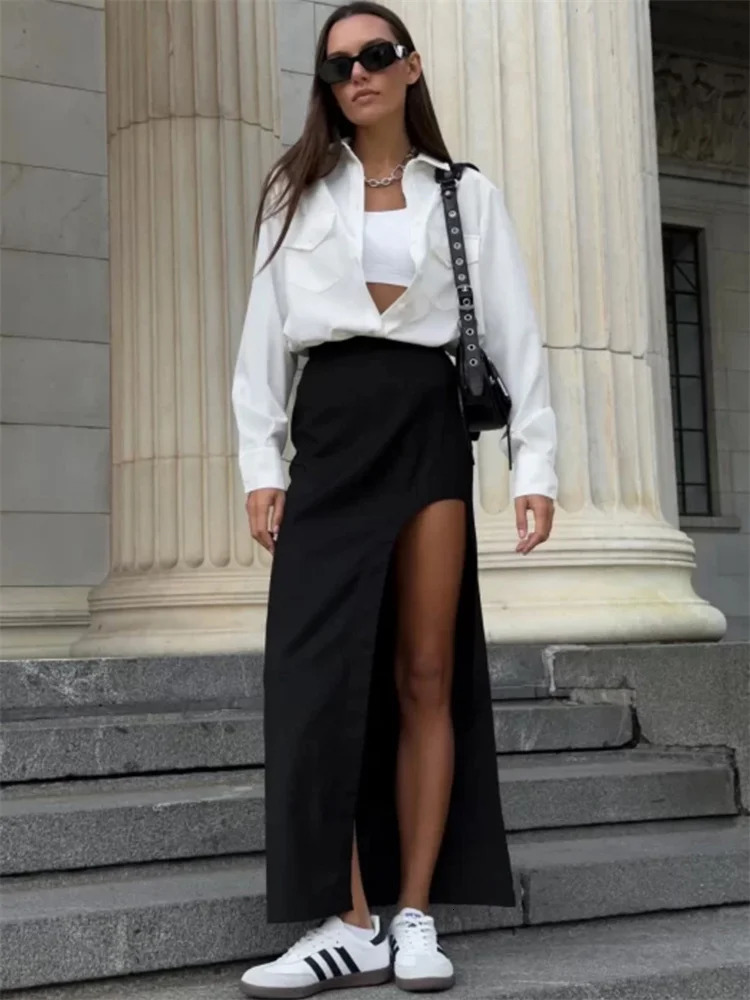 Black High Waist Long Skirt for Women Summer Fashion Side Split Patchwork Streetwear Y2k Sexy Maxi Skirt for Ladies 250825