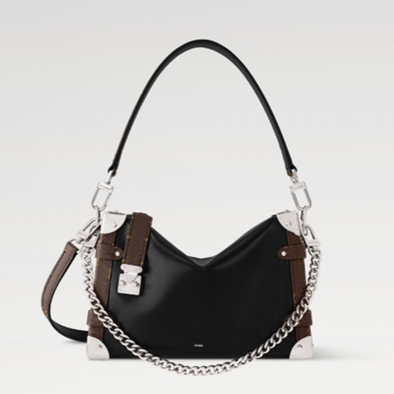 New women Side Trunk Vibe MM M15195 Black Calf leather Silver-toned metal Zip closure S-lock fashion-forward smooth shiny chain leather strap Luxury