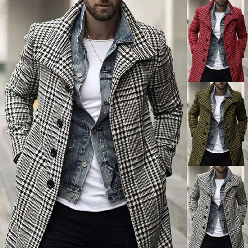 Checkered Lapel Wind Coat Men Loose Comfortable Retro Fashionable Versatile Single Breasted Autumn Winter Mid Length Jacket 250825