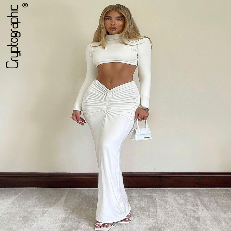 Cryptographic Elegant White Long Sleeve 2 Piece Set Outfits for Women Club Party Top and Dress Sets Long Ruched Matching Sets 250823