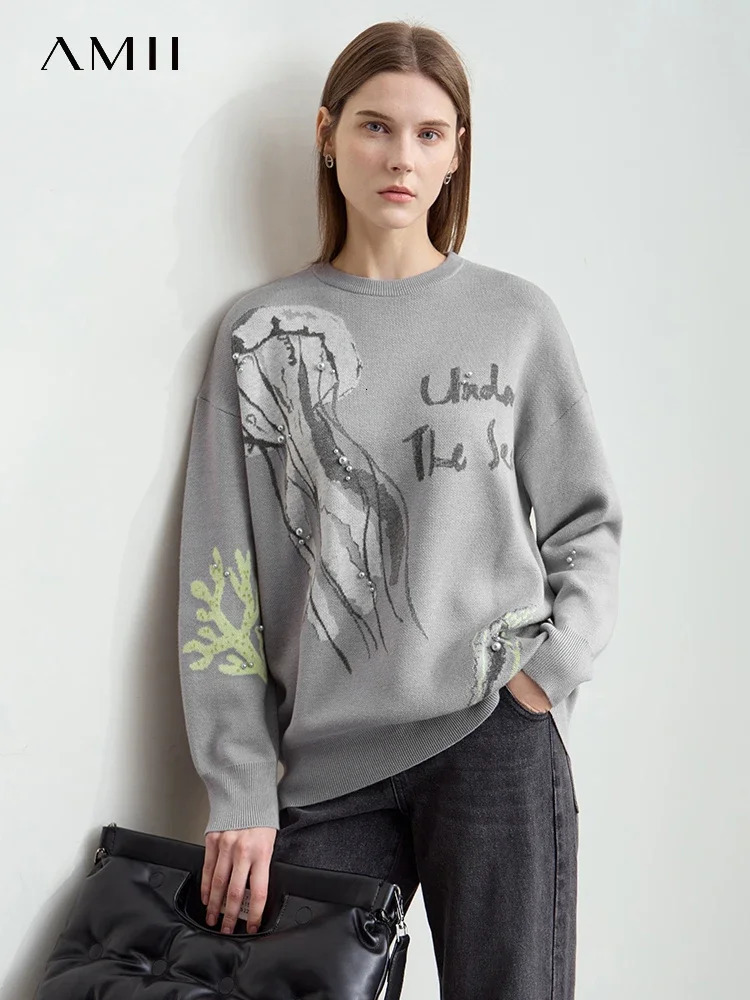 AMII Minimalism Womens Loose Artistic Sweater Winter Nail Bead Jacquard Craft Drop Shoulder Sleeve Knitted Tops 12453052 250825