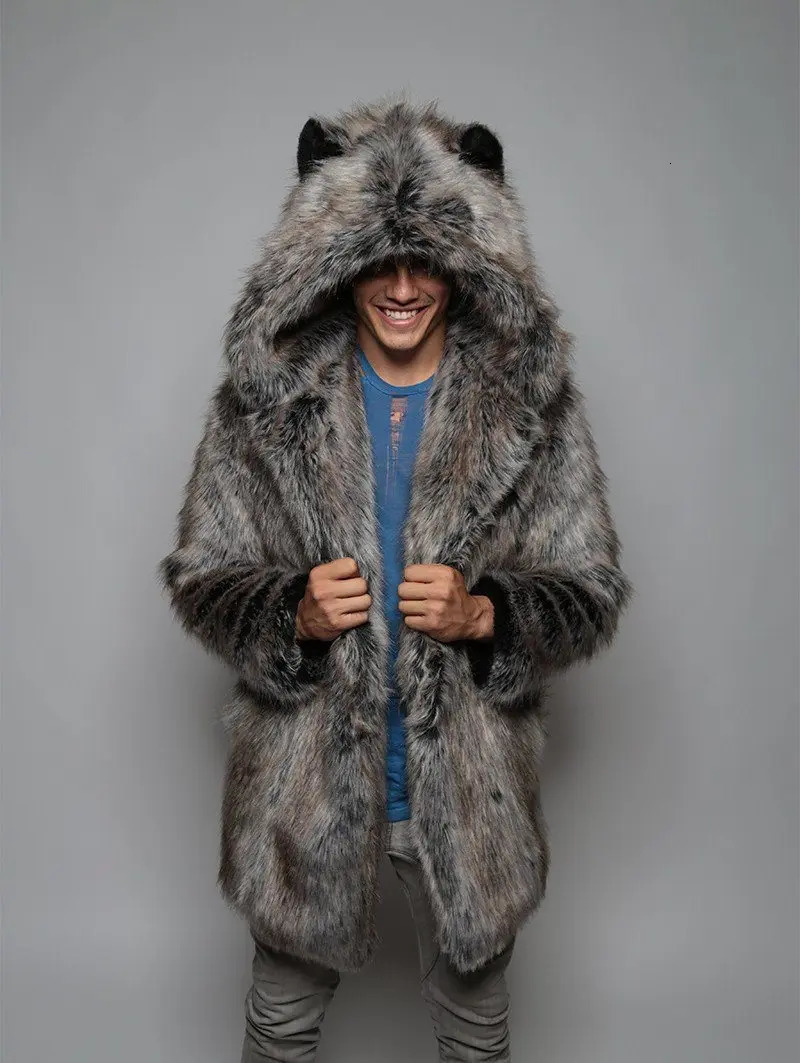Winter Men Faux Fox Fur Coat Casual Plus Size Couple Hooded Fur Jacket Coat Cat Ear Warm Long Sleeve Jacket Overcoat 250825