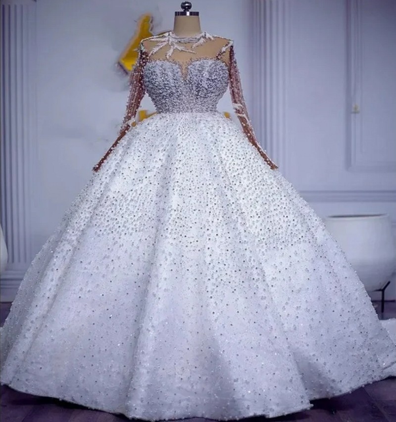 2026 New Arrival Church Wedding Dress O-neck Long Sleeves Embroidery Sequins Bead Ballgown Bride Dresses Vestido De Novia
