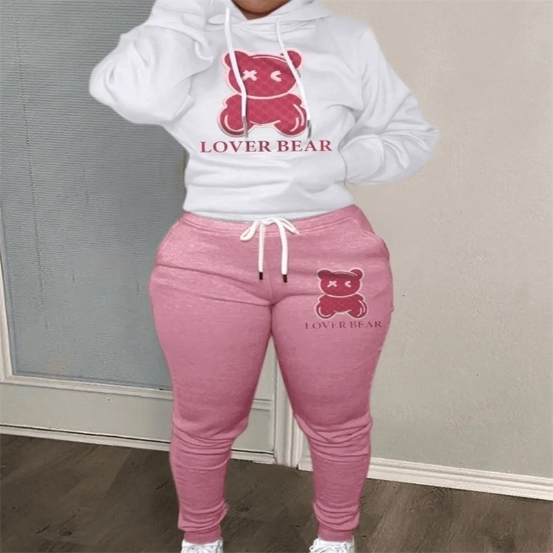 Lovely Bear Letter Print Kangaroo Pocket Tracksuit Set Long Sleeve HoodieDrawstring Trousers Women Two Pieces Matching Suits w250823