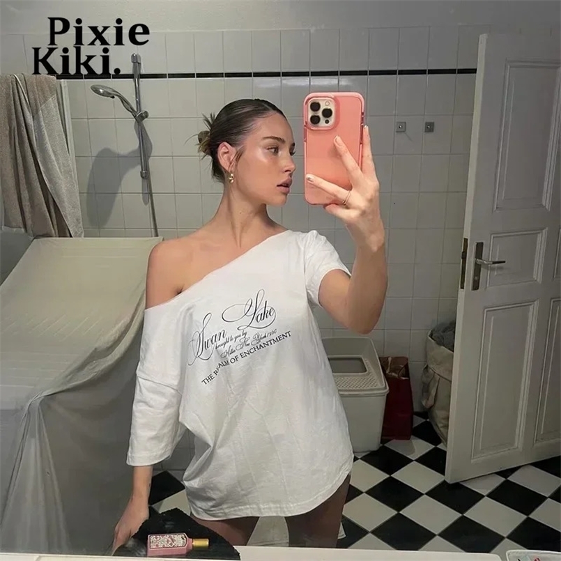PixieKiki Letter Print Graphic T Shirts White Oversized One Shoulder Tops Womens Summer Fashion Clothing Trends 2024 P71-BG14250823ww