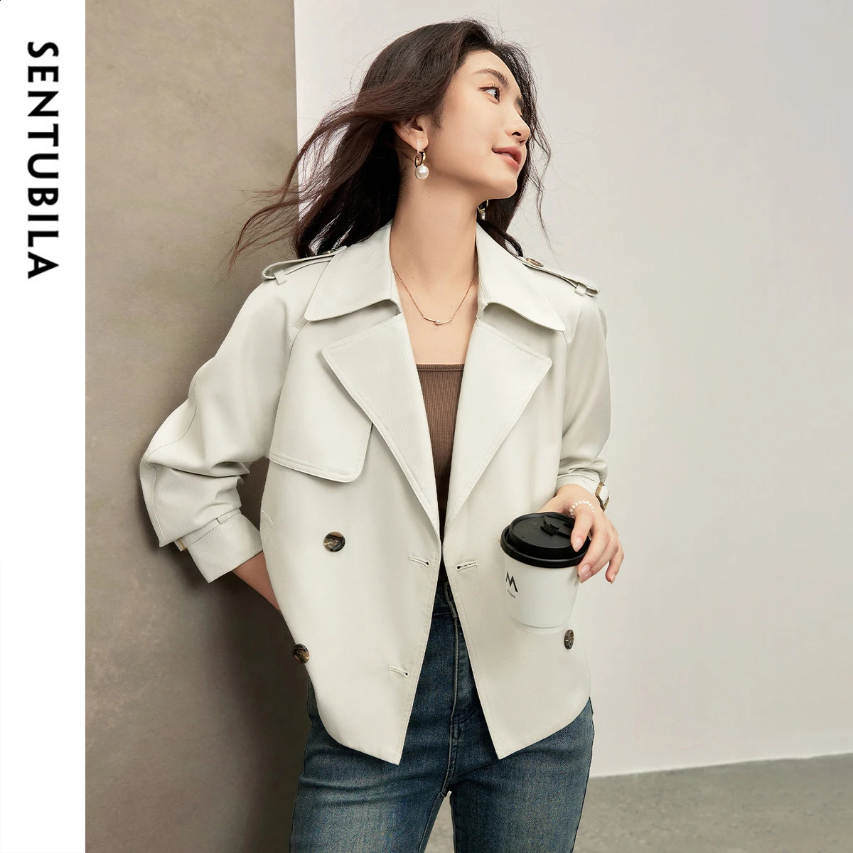 SENTUBILA Double-Breasted Turn-Down Collar Trench Coat Women Short Adjustable Sleeve Tab Autumn Urban Retro Coat W53FB2569 250819