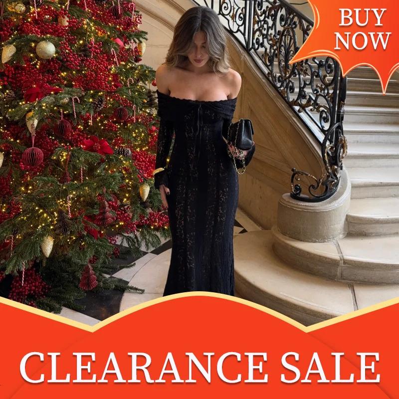 Womens Elegant Lace Up Flared Sleeve Long Dress Fashion Hollow Out Off Shoulder Bodycon Vestidos Lady Beach Partywear 250825