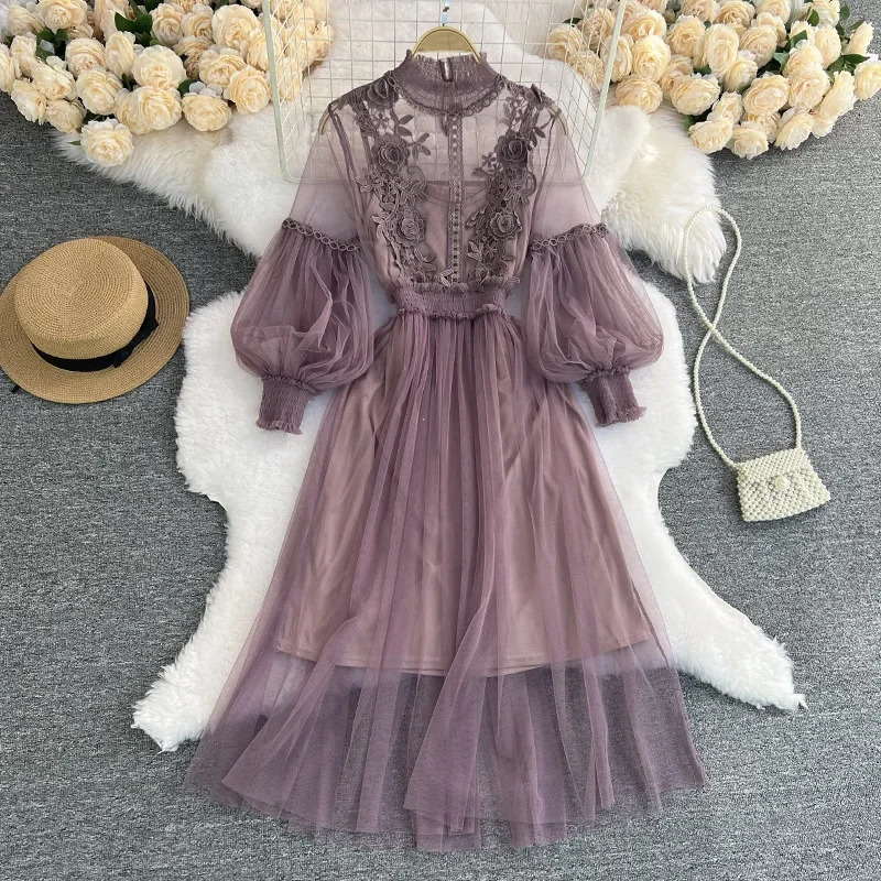Dress Women French Lace Flower Dress Gauze Lantern Sleeve Voile Long Dress Female Retro Hook Princess Dress 2 Piece Set 250825