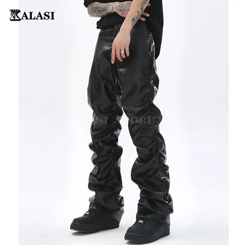 Hip Hop Mens Pleated Pu Leather Pants Harajuku Retro Streetwear Loose Ruched Casual Trousers Straight Solid Color Black Pants250825