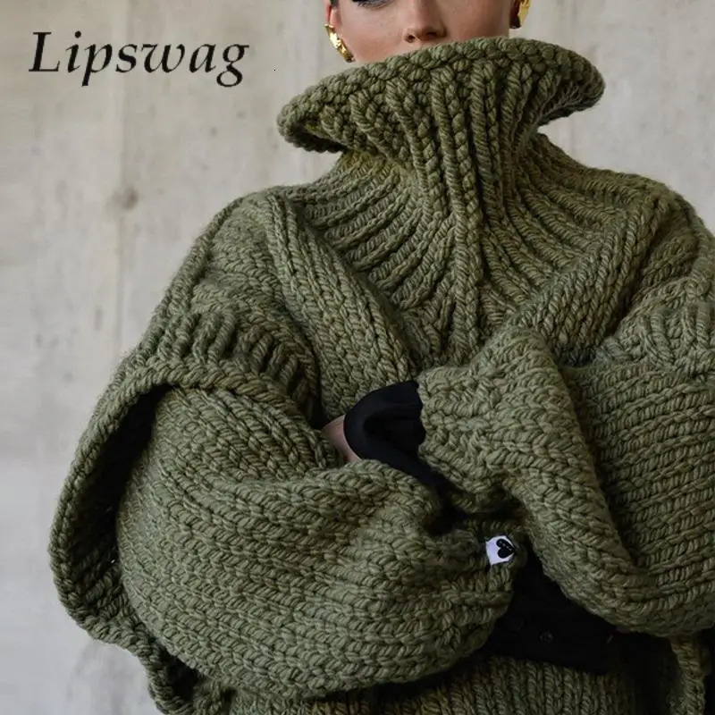 Women Casual Warm Winter Thick Sweater Fall Elegant Turtleneck Solid Knitted Jumper Femme Fashion Long Sleeve Loose Pullover Top 250825