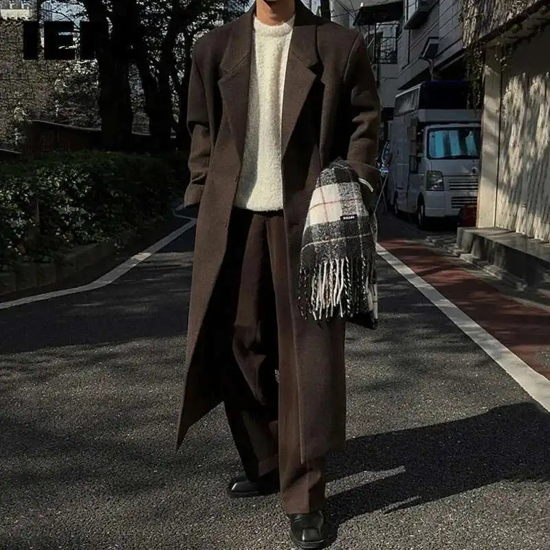 IEFB Korean Style Mens Woollen Coats Single Breasted Solid Color Overknee Thickened Male Windbreakers Spring 250823