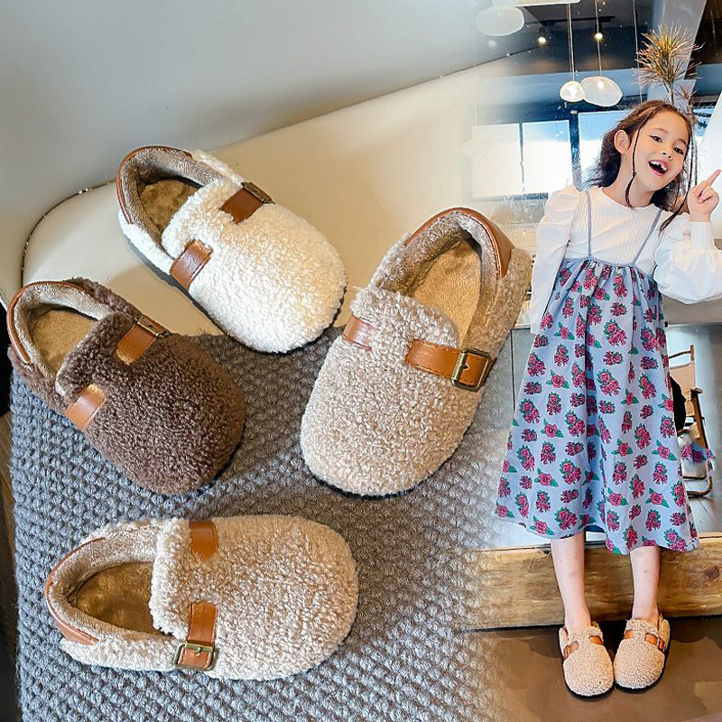 Toddler Winter Loafers Buckle Plush Furry Warm Leisure Boys Flat Shoes Umshop Slip-on Comfy Kids Wool Rolled Girls Cotton Shoes 21-36 U0499