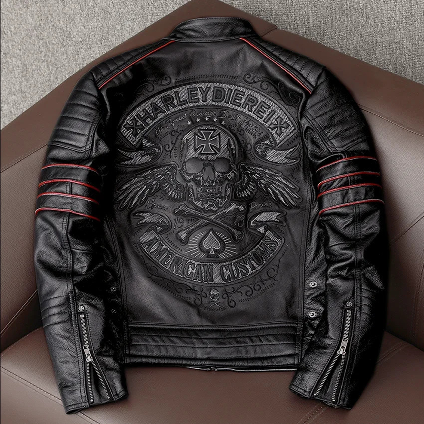 Mens Spring Original Leather Motorcycle Jacket Skull Embroidery Top Layer Cowhide Clothing Slim Fit Black Slim Male Coat 250825