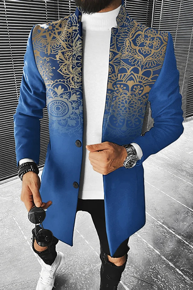 Mens Fall long coat floral print button lapel Fashion Office Winter Jacket Casual Nylon overcoat oversized top 250825
