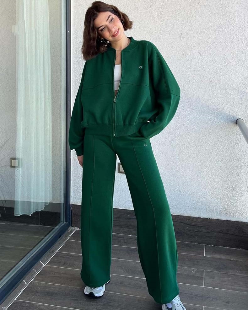 A561 Autumn/Winter Women&#039;s Cross-Border 3D Fashion Set - Solid Color Zipper Sweater and Trousers Suit-image-1069166311