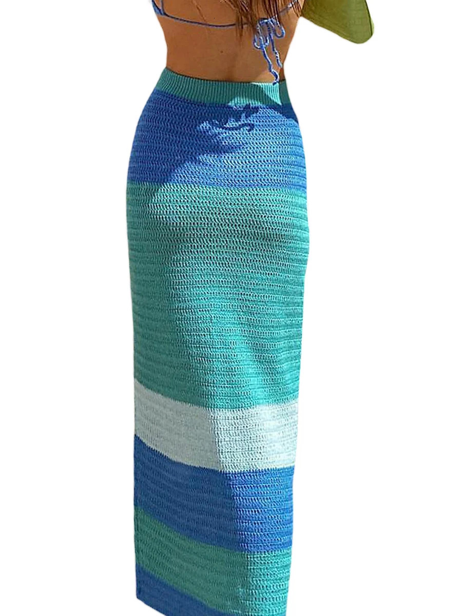 Women s Beachwear Knitted Skirt High Waist Fit Hollow Out Summer Dress with Stripes and Solid Colors Stylish Garment for 250825