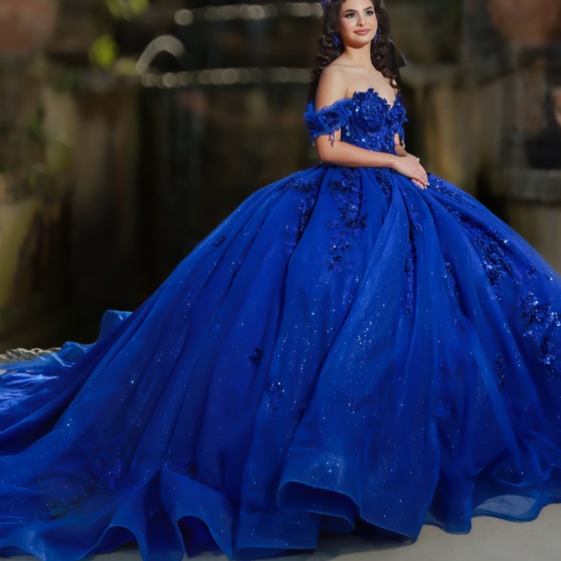 Royal Blue Shiny Princess Off the Shoulder Sweet 16 Dress Quinceanera Dresses Applique Lace Beading Crystal Tull Party Birthday Vestidos 15 De Anos