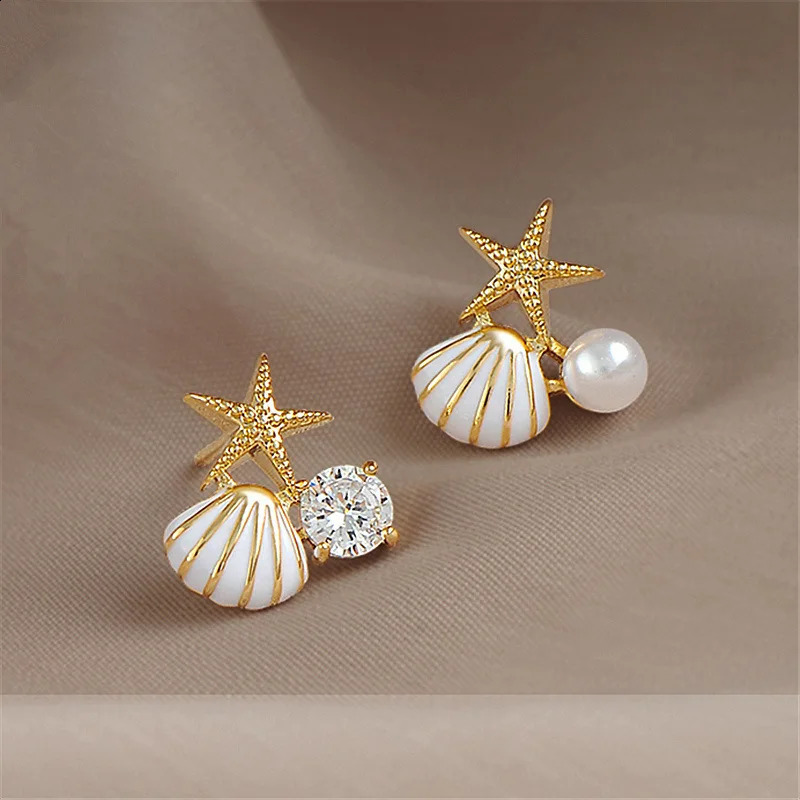 White Pink Shell Starfish Stud Earrings for Women Cute Asymmetric Pearl s Beads Charms Small Ear Jewelry 250811