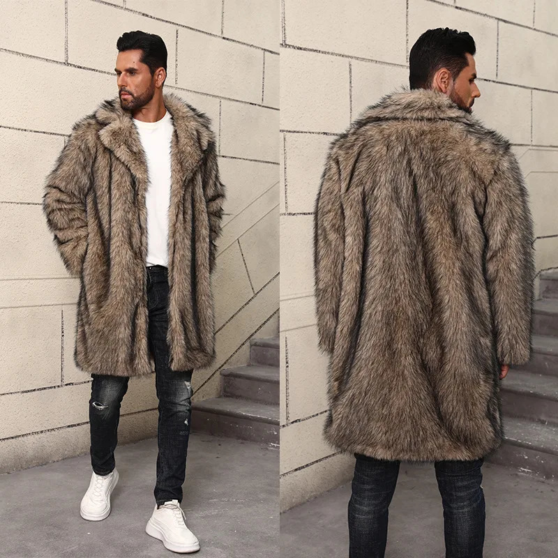 Winter Faux Fur Coat Mens Midlength Lapel Warm Faux Fur Coat Thick Soft Fluffy Furry Outerwear Fur Jacket Men 250825