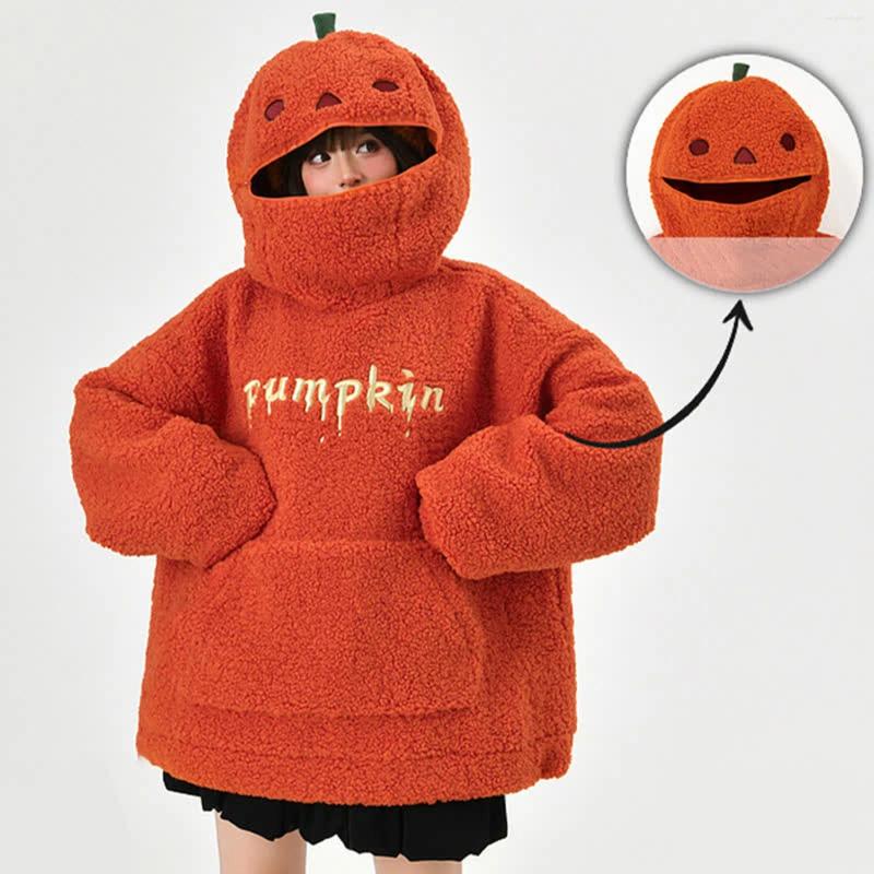 Women's Hoodies Halloween Pumpkin Shaped Hoodie Round Neck Hooded Autumn Sweatshirt Double-Faced Fleece Cute Sweater Tops