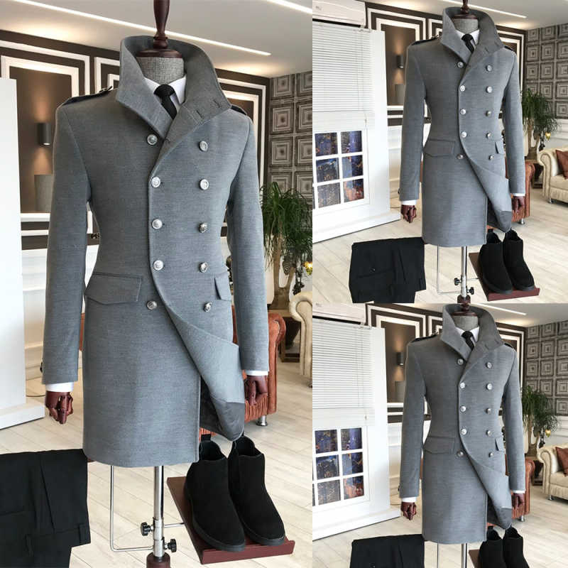 Double Breasted Wool Mens Long Overcoat Slim Fit Winter Formal Business Jackets Groom Wear One Piece Customized