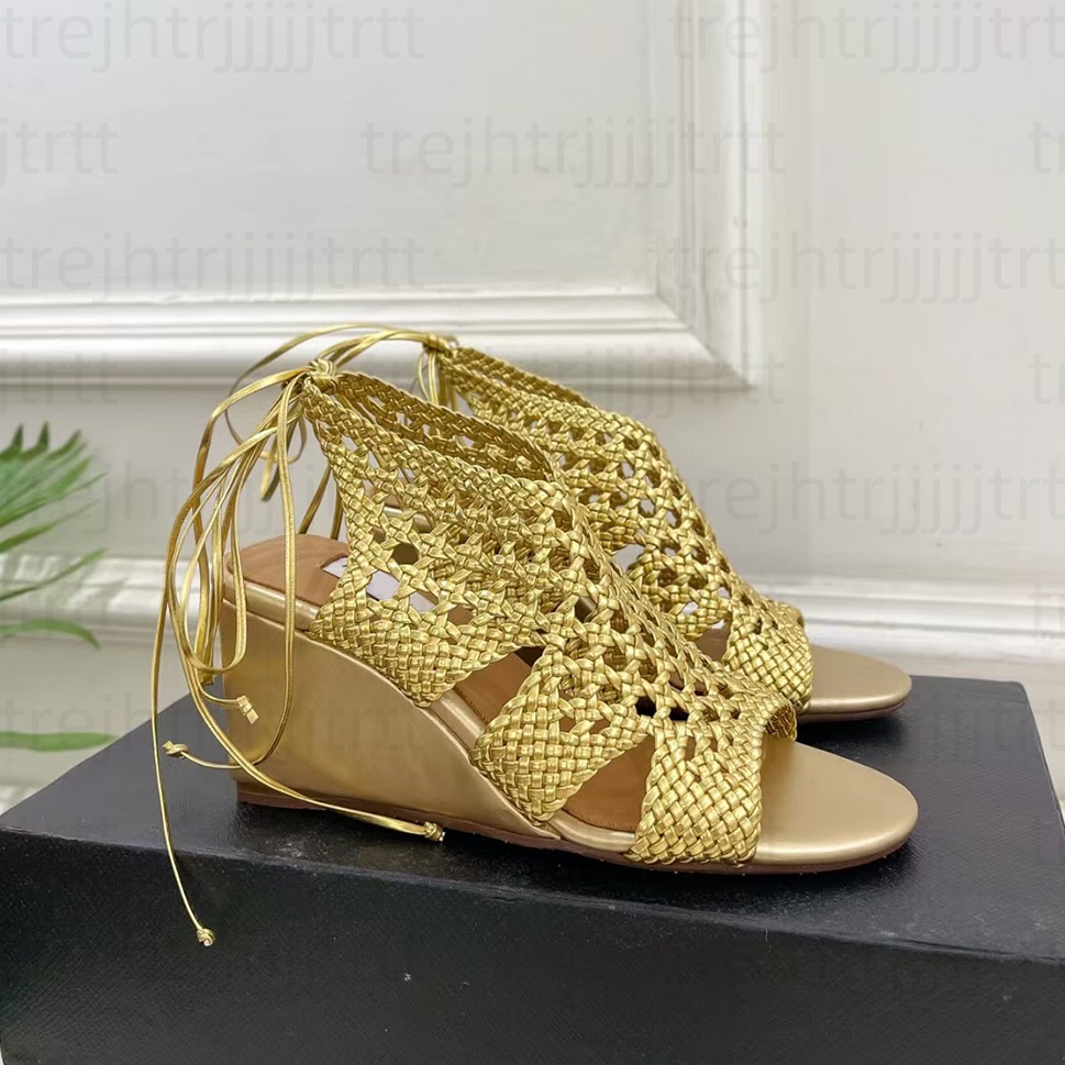 Top quality Weaving leather Wedge heel Sandals pumps women's open-toe dress shoes Sexy Girls Party evening shoes Luxury designer high heels fac