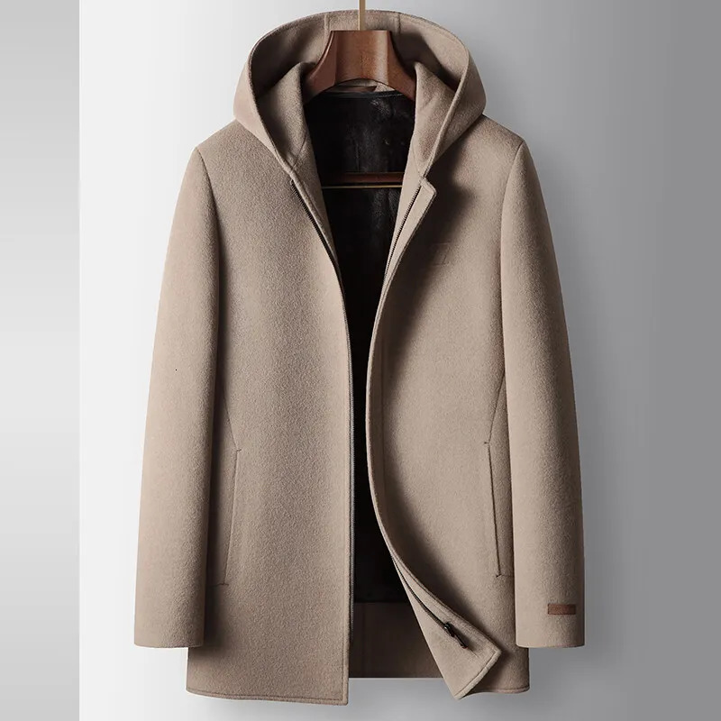 Winter Mens Hooded Medium to Long Woolen Coat with Thick Velvet for Warmth and Leisure High end Fabric 100% Pure Wool 250825