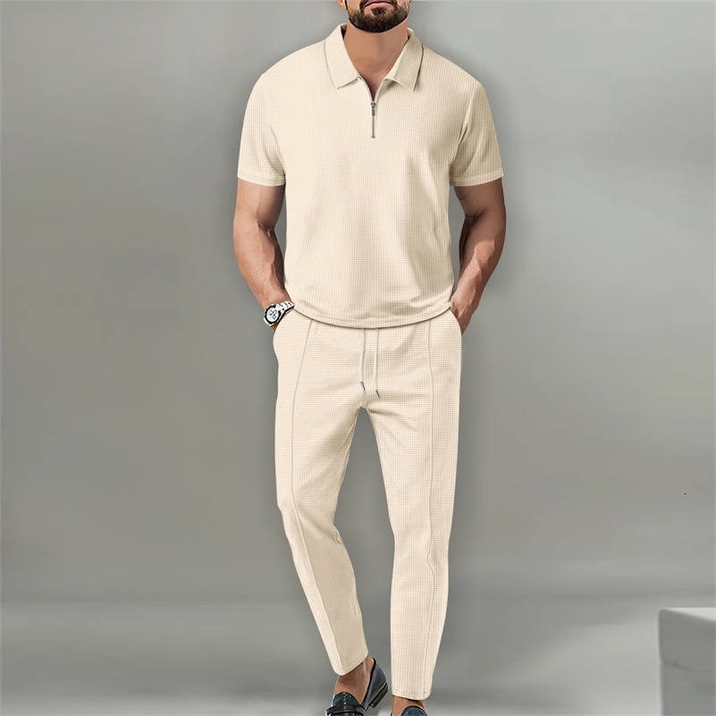 2025 Mens POLO Shirt 2 Sets Casual Fashion Commercial Breathable Lapel Pants pull rope Solid Color Men 2 sets250823