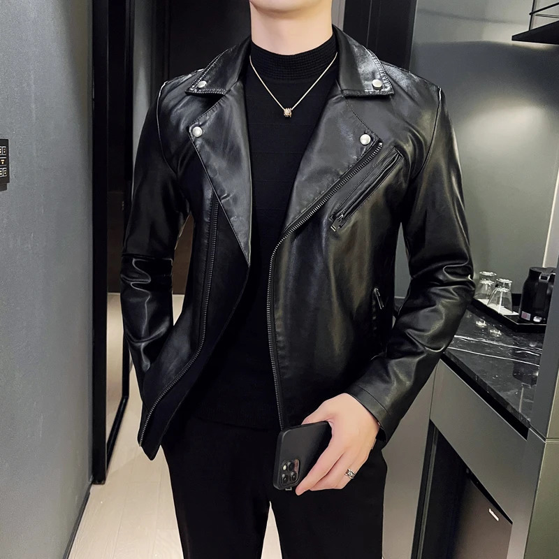 Motorcycle Leather Jacket Slim Fit ShortCoat Lapel PU Jackets Autumn Zipper Stand Windproof Leather Coat Mens Clothing 250825