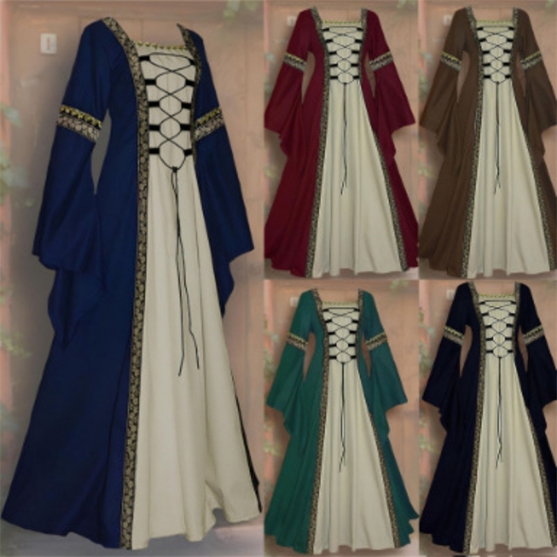 European and American Retro Square Neck Trumpet Sleeve Long Dress Gothic Retro Womens Medieval Court Robe Plus Size250823