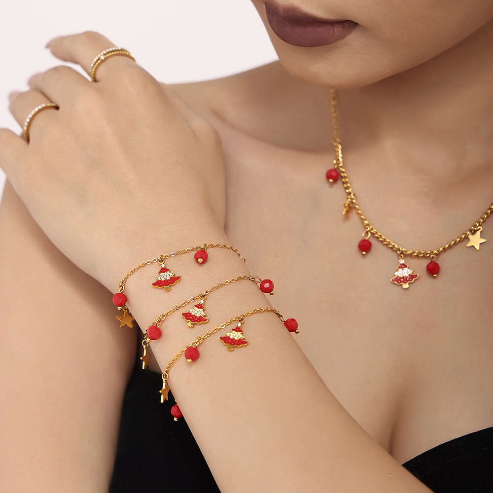 Luxury jewelry designer bracelet high-end Enamel glazed zircon inlaid Christmas tree necklace bracelet earring set stainless steel atmosphere decora