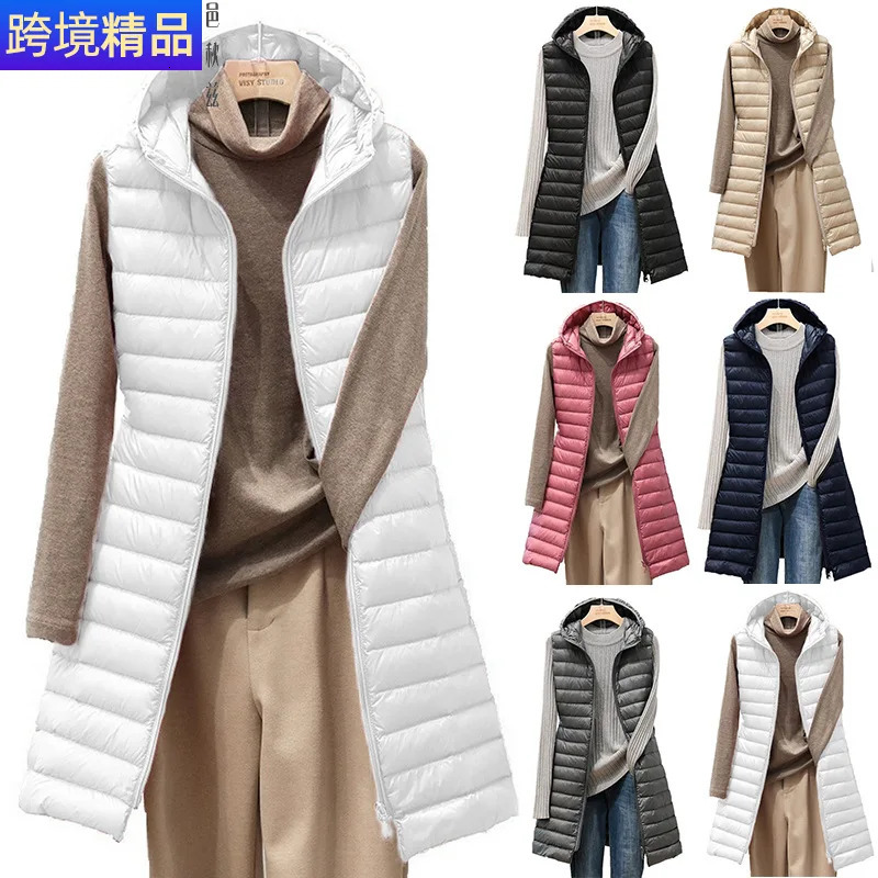 Ladies medium and long style pure color Hooded light down cotton vest jacket autumn and winter slim sleeveless Women Parkas vest250825