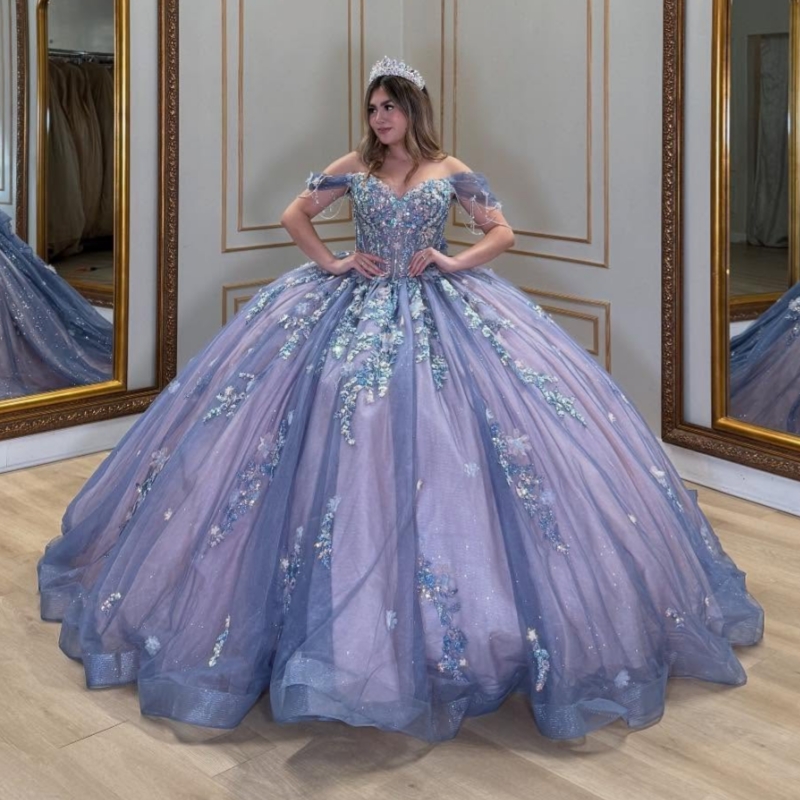 Navy Blue Shiny Princess Off the Shoulder Sweet 16 Dress Quinceanera Dresses Applique Lace Beading Bow Tull Party Birthday Vestidos 15 Anos