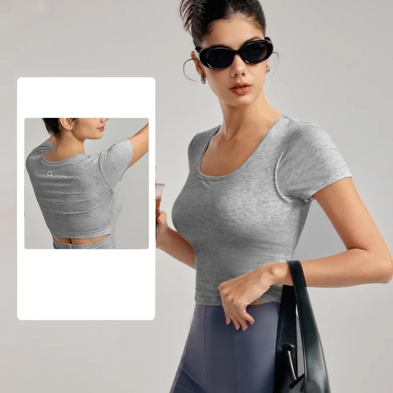 A1077 Yoga Clothes Tops Advanced Sense Semi-fixed Chest Pad Breathable Fitness T-shirt Tight Sports Short Sleeve Female Summer-image-1070609989