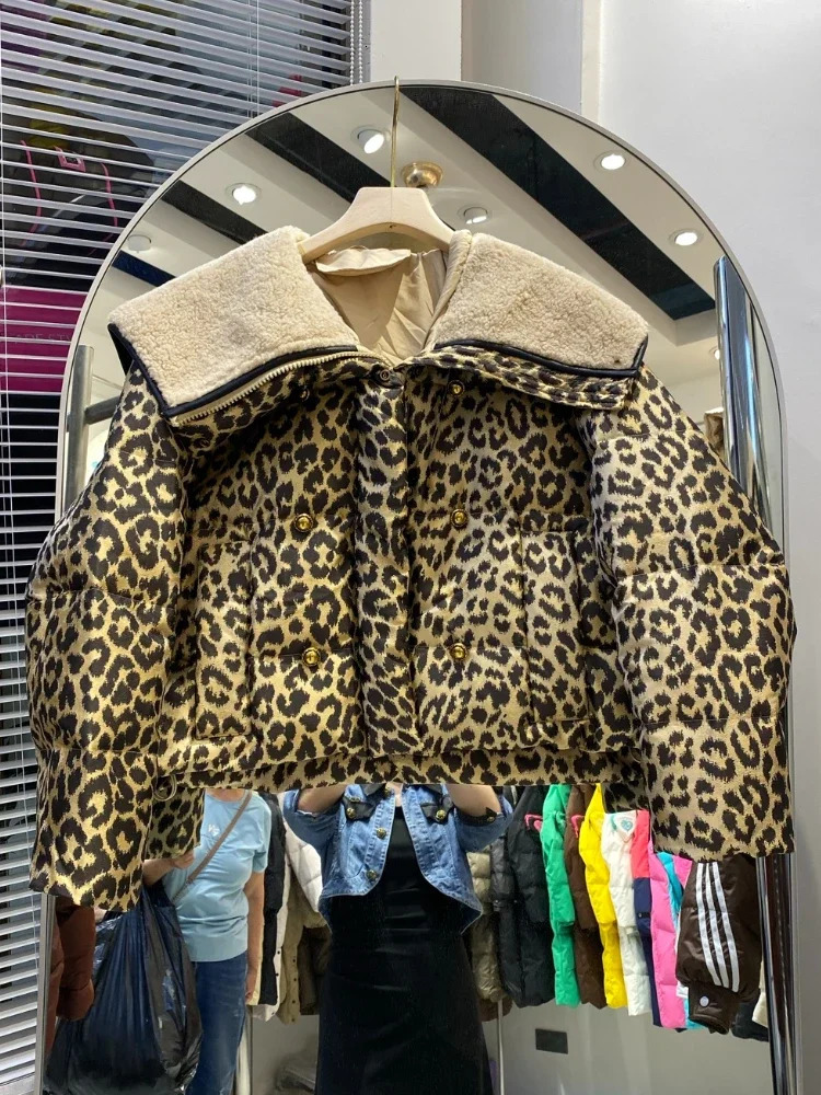Leopard Print Down Jacket Winter Korean Chic Lamb Wool Large Lapel Thick Loose Casual Fashion White Duck Puffer Coat Women 250825