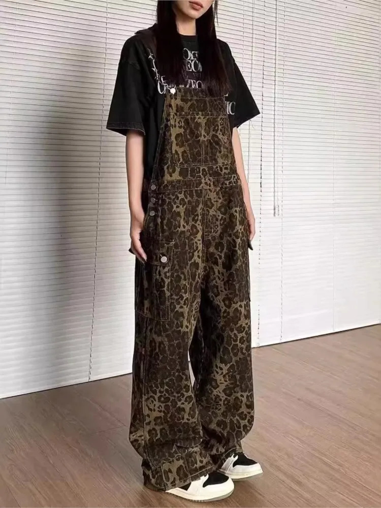 Lady Overalls Streetwear Casual Pants Girls Leopard Print Baggy Denim Trouserse Female Chic High Waisted Jumpsuit Jeans 250825