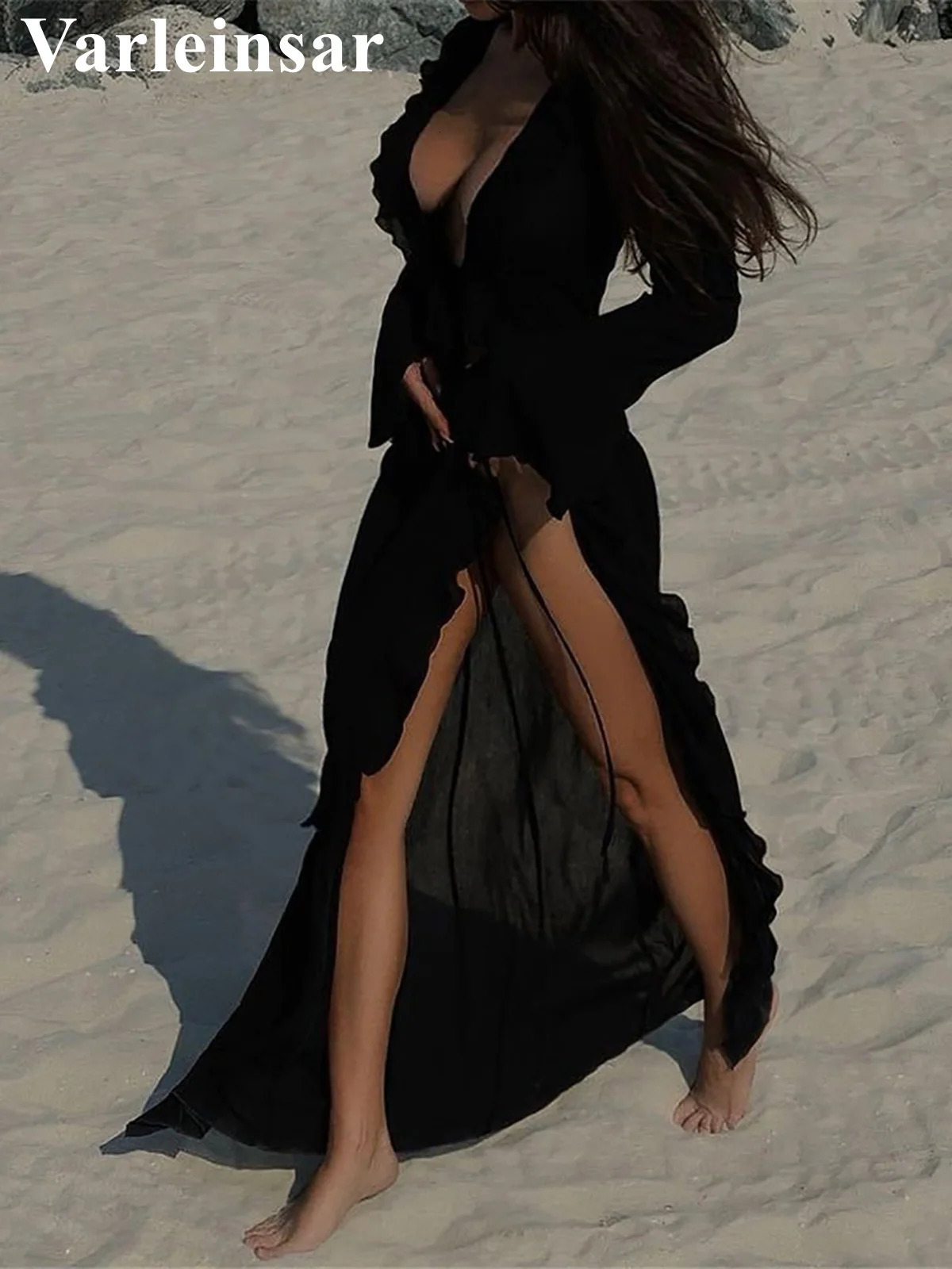 Womens V Neck Ruffled Long Sleeve Dress Chiffon Tunic Beach Cover Up Coverups Beachwear Vacation V5976B 250825