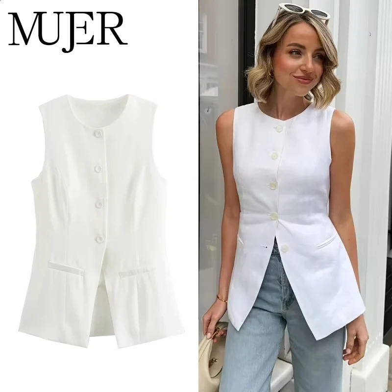 MUJER 2025 White Sleeveless Vest Women Button Summer Vests for Jacket Pink Top Streetwear Womens Tailored 250818