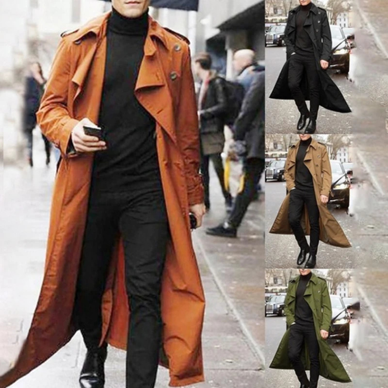 Men Overcoat Vintage Long Trench Coat Double Breasted Jacket Coats Mens Business Black Solid Windbreak Outwear 250825