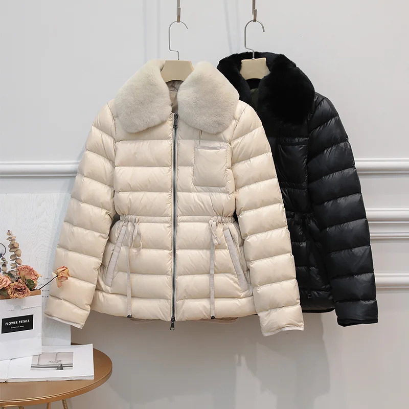 Ultra Light Winter 90% White Duck Down Jacket Women Large Natural Rabbits Fur Coat Female Sash Tie Up Slim Parkas 250825