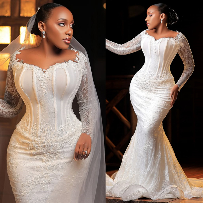 Plus Size Ivory Aso Ebi African Wedding Dress Bridal Gown For Bride Mermaid Wedding Gowns Sheer Neck Long Sleeves Tiers Beaded Lace Rhinestones Brid