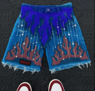 Y2K American classic fashion retro rhinestone flame pattern printed casual denim shorts men and women high waist street wear 250825