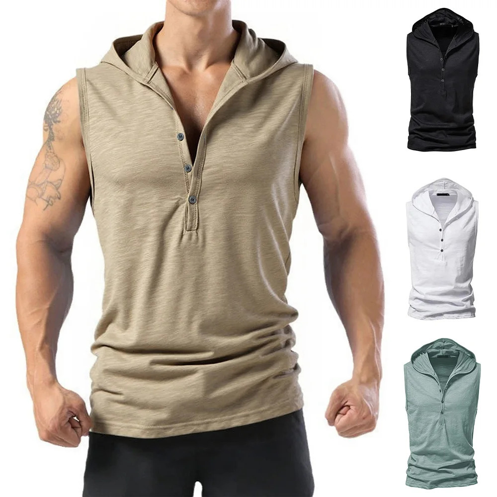 Summer Mens Cotton Tank Tops Casual Hooded Sleeveless Tshirt Fitness High Elastic Fashion Stylish Solid Color Tops 250825BJ