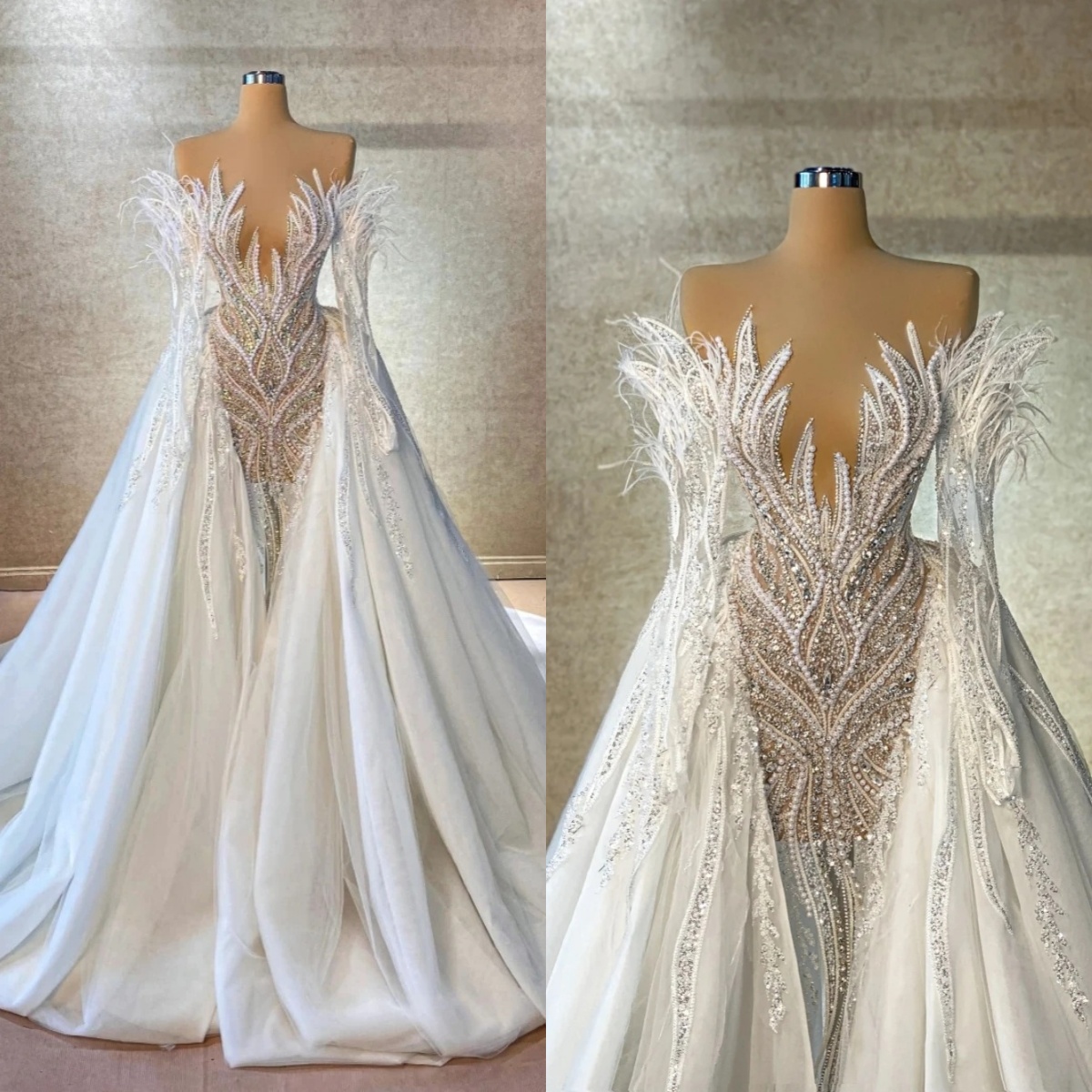 Glamorous Pearls Mermaid Wedding Dresses Crystal Feather Bridal Gowns Detachable Train Illuion Custom Made Bride Dresses Vestidos De Novia Plus Size